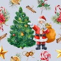 Watercolor pattern with Christmas tree and Santa. Hand painted holly, mistletoe, poinsettia, bells, star, cinnamon stick Royalty Free Stock Photo