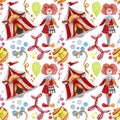 Watercolor pattern, circus tent, clown, ribbon and dots on white background. For various circus products, wrapping etc.