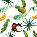 Watercolor pattern of coconut, banana, pineapple and palm trees isolated on white background. Royalty Free Stock Photo