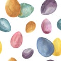 Watercolor pattern with colored eggs. Hand painted ornament with bright easter symbols isolated on white background