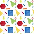 Watercolor pattern with colorful various symbols on white background. Pattern for various school products, wrapping, etc