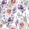 Watercolor pattern with the colors of lavender, roses and anemone. Royalty Free Stock Photo