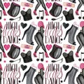 Watercolor pattern, corset, hearts, girl in dance pose, kneepad, text on white background for high heels products.