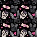 Watercolor pattern, corset, hearts, rabbit mast, lettering on dark background. Elements for high heels dance products.