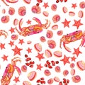 Watercolor pattern crabs, clown fish, starfish, shells