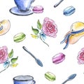 Watercolor pattern with cup, rose and macaroni Royalty Free Stock Photo