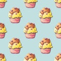 Watercolor pattern with cupcakes. Desserts, pastries on a colored background.