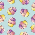 Watercolor pattern with cupcakes. Desserts, pastries on a colored background.