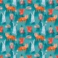 Watercolor pattern with cute animals in forest