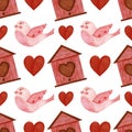 Watercolor pattern, cute birds, hearts, bird house on a white background. For various products, valentine's day and Royalty Free Stock Photo