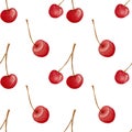 Watercolor pattern, cute bright cherries on white background. Simple pattern for paper, fabric, food products etc.