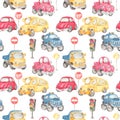 Watercolor seamless pattern cute cars and road signs Royalty Free Stock Photo