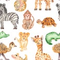 Watercolor pattern with cute cartoon animals of Africa. Royalty Free Stock Photo