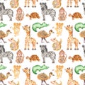 Watercolor pattern with cute cartoon animals of Africa. Royalty Free Stock Photo