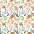 Watercolor pattern with cute cartoon animals of Africa.