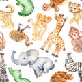 Watercolor pattern with cute cartoon animals of Africa. Royalty Free Stock Photo