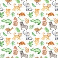 Watercolor pattern with cute cartoon animals of Africa. Royalty Free Stock Photo