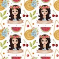 Watercolor pattern of cute summer elements and girl.