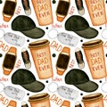 Watercolor pattern for dad, coffee cup with text, cap, metal key chain, sneakers, simple lettering on white background.