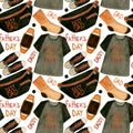 Watercolor pattern with shirt, socks, belt bag, sneakers, lettering on white background. For wrapping, father's day