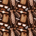 Watercolor pattern for dad, accessories on brown background. Pattern in office style, father& x27;s day, birthday etc.