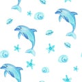 Watercolor pattern dolphins, starfish and shells