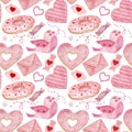 Watercolor pattern donut, candy, bird, envelope and hearts. Romantic pattern for wrapping, fabric, Valentine day etc.