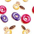 Watercolor pattern donuts in multicolor glaze. Illustration isolated on white background.Seamless pattern Royalty Free Stock Photo