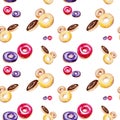 Watercolor pattern donuts in multicolor glaze. Illustration isolated on white background.Seamless pattern Royalty Free Stock Photo