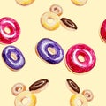 Watercolor pattern donuts in multicolor glaze. Illustration isolated on yellow background. Seamless pattern Royalty Free Stock Photo