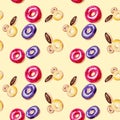 Watercolor pattern donuts in multicolor glaze. Illustration isolated on yellow background. Seamless pattern Royalty Free Stock Photo