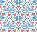 Watercolor pattern with doves, hearts and flowers. Illustration is made in folk style.