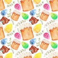 Watercolor pattern, Easter cake, chocolate bunny, eggs, leaves on a white background. Seamless spring pattern.