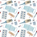 Watercolor pattern, elements for medicine, mask, pills, vaccine on white background. For various health, medical product
