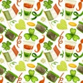 Watercolor pattern with elements for St. Patrick's day. Clover, shot drink, sunglasses, irish flag on white Royalty Free Stock Photo