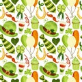 Watercolor pattern for St. Patrick's day. Clover, leprechaun costume elements, horseshoe, balloons on white