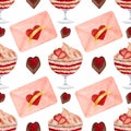 Watercolor pattern, envelope, chocolate cadies, dessert with strawberry on white background. For various love products