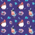Watercolor pattern of fabulous birds and flowers