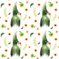 Watercolor pattern of fabulous birds and flowers