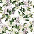 Watercolor pattern with Fanny banny, green leaves and lavender flowers.