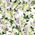 Watercolor pattern with Fanny banny, green leaves,lavender and tulip flowers.