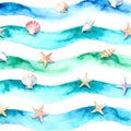 A watercolor pattern featuring ocean waves, starfish, and seashells. Royalty Free Stock Photo