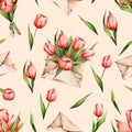 Watercolor pattern with flowers in an envelope. Red tulips on a beige background. Suitable for textiles, gifts, paper, etc Royalty Free Stock Photo