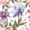 Watercolor pattern with flowers iris, peonies and