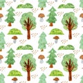 Watercolor pattern with forest trees, mushrooms and hills. Endless background. Seamless texture. Royalty Free Stock Photo