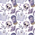 Watercolor pattern, funny ghost, tombstone, skull, bat, leaves on white background. For various products, wrapping, etc.