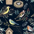 Watercolor pattern with garden spring birds on blooming branches, nest and birdhouse. Hand-drawn print in retro style for design
