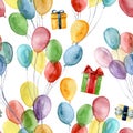 Watercolor pattern with giftboxes and bright air ballons. Hand painted illustration with colorful air balloons and gifts Royalty Free Stock Photo