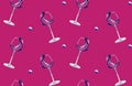 Watercolor pattern with glass of vine and grape on the pink background