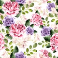 Watercolor pattern with green leaves, rose and orchids flowers.